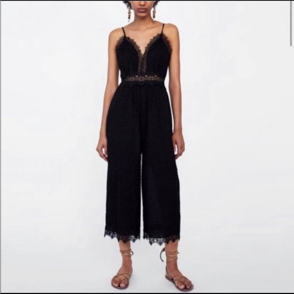 Zara black lace eyelet trim crop jumpsuit size xs - Picture 2 of 7